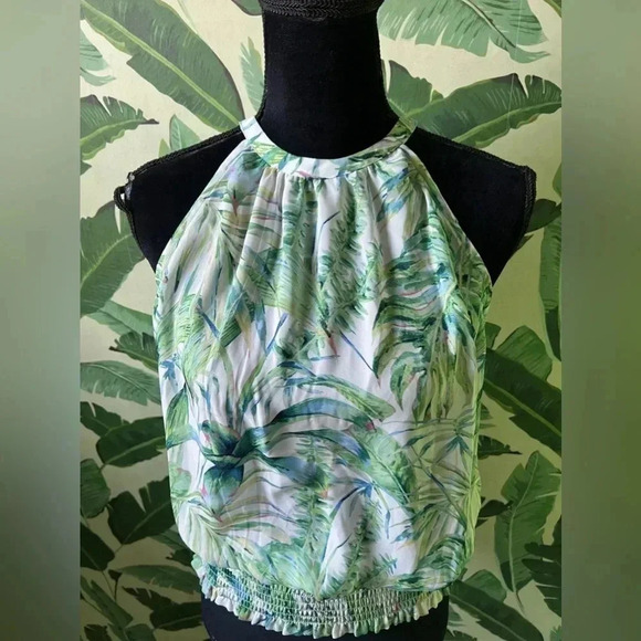 Joie Womens White Green Tropical Leaf Print Halter neck tank top Small - Picture 3 of 6